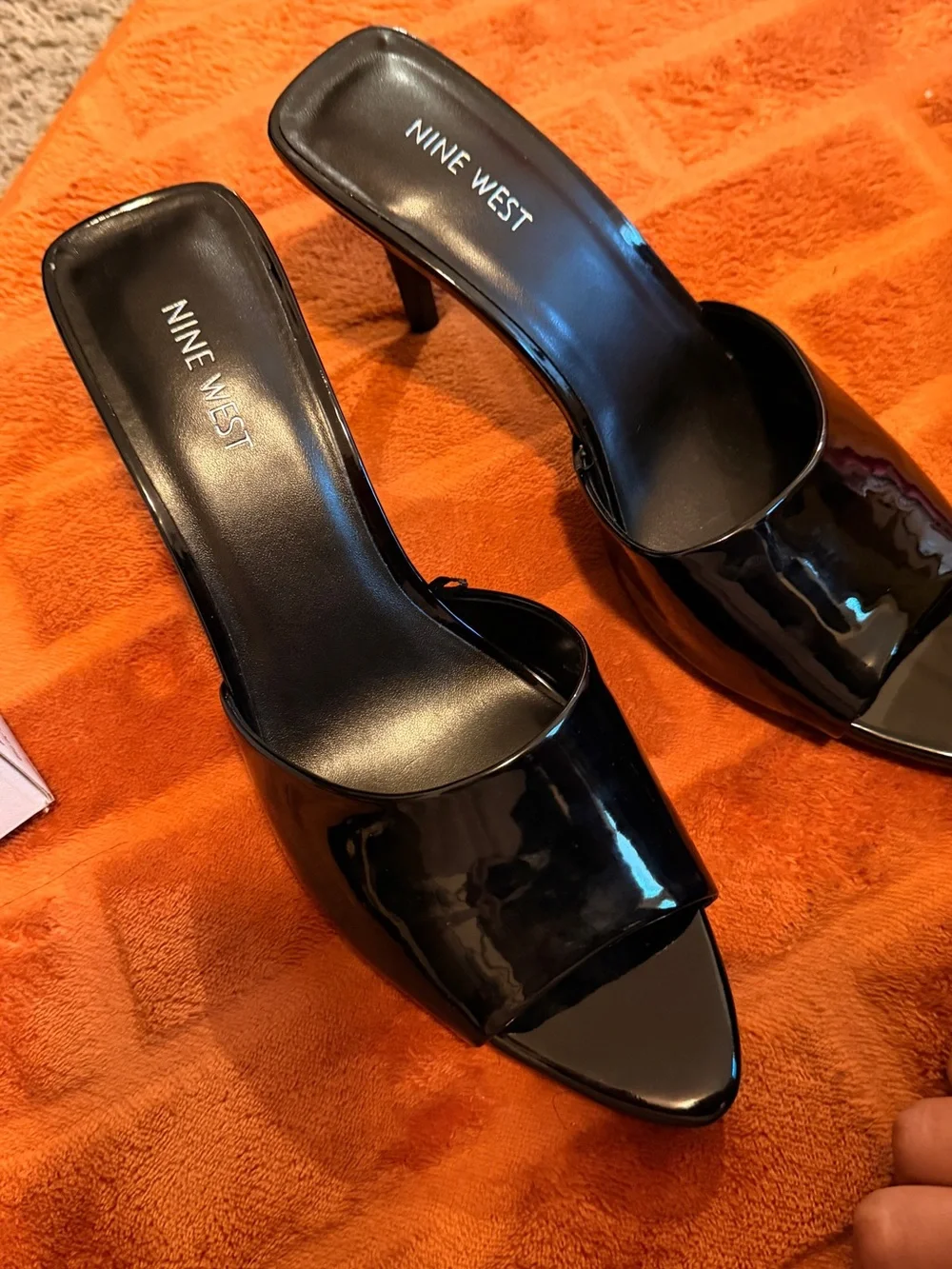 Nine West Black Patent Open-Toe Mule Heels with Stiletto